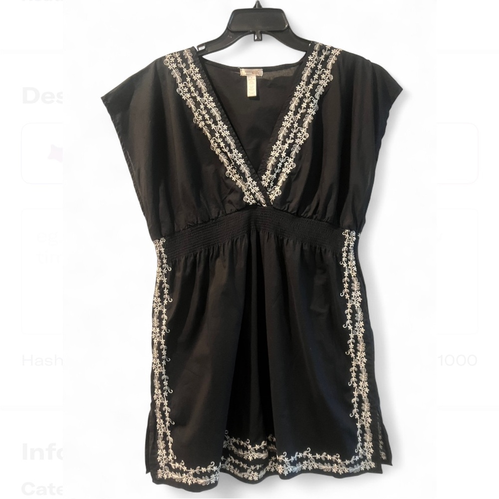 Ambiance Black Mini Dress with White Embroidery